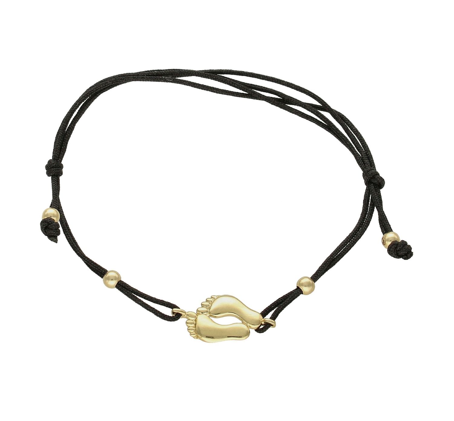 Bransoletka złota damska na sznureczku ze złotymi kuleczkami i stópkami dziecka BR 4618. Bransoletka złota damska na sznureczku ze złotymi kuleczkami i stópkami dziecka. Stópki dziecka to idealny motyw w bransoletce (1).jpg